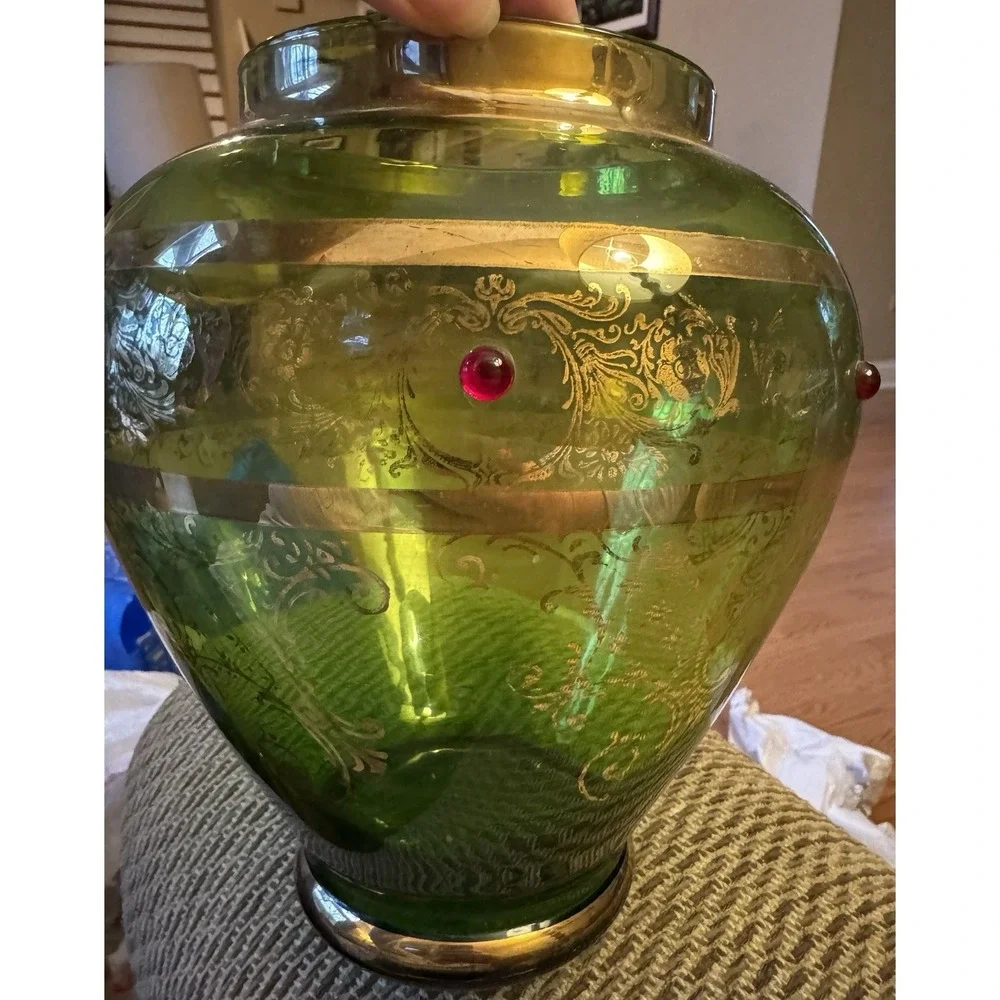 Antique Bohemian Green Glass Vase Gold‎ Gilt & Red Cabochon Jeweled Art Glass 8